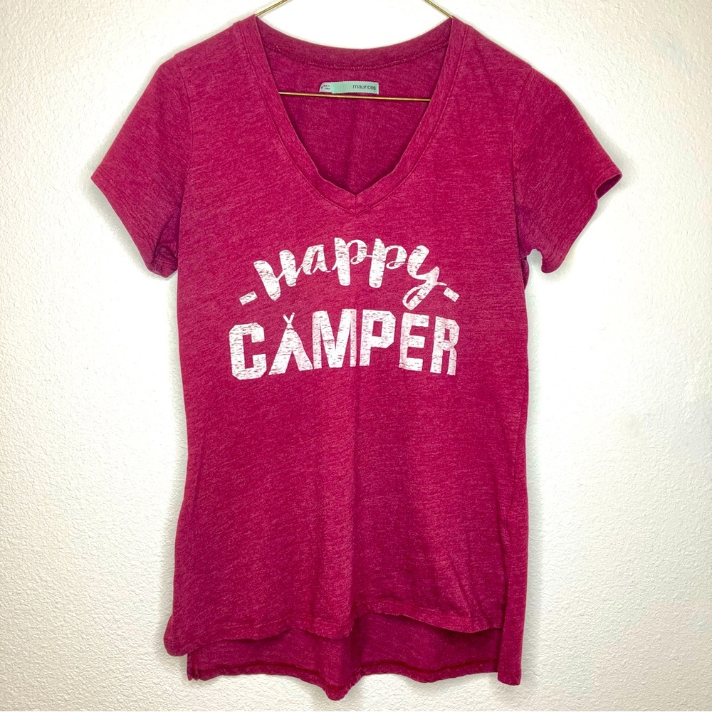 Maurices Womens Top Medium Tee Shirt Burgundy Maroon Happy Camper Cotton Blend